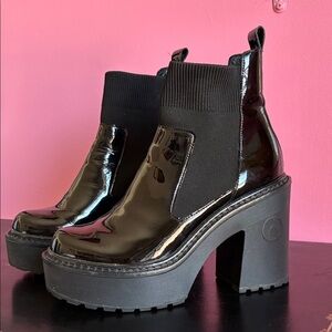 WISHBONE | Black Patent Platform Chelsea Chunky Boots Lug Heel - 7.5